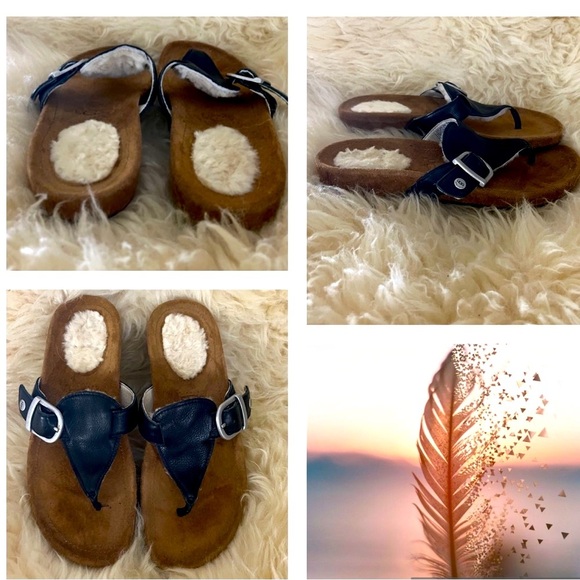 UGG Black Leather Lamb’s Wool Sandals Birk Style - Picture 1 of 7